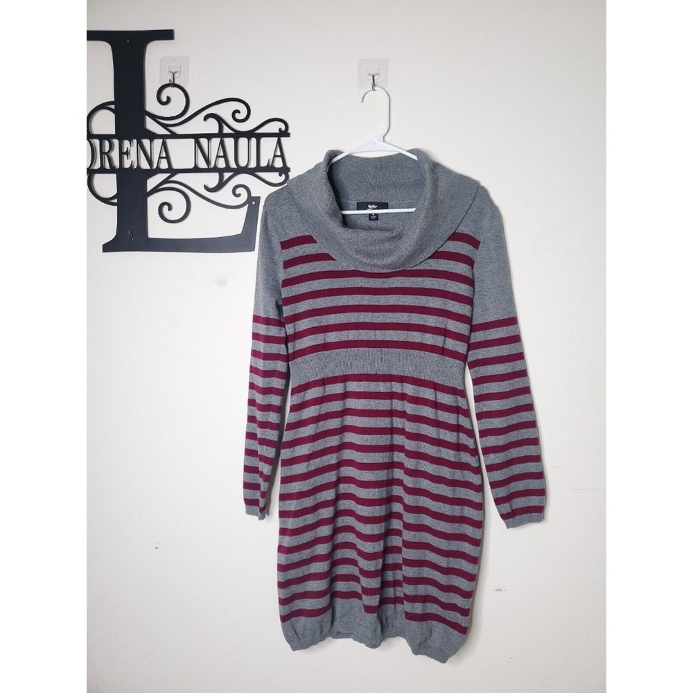 Mossimo A-Line Midi Sweater Dress Women Sz Small Stripe, Gray/Fuccia 100% Cotton